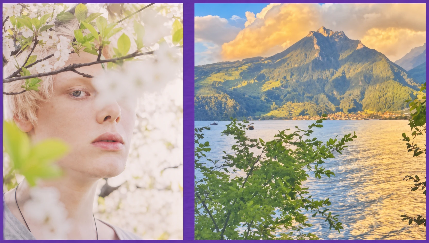 自然光案例：春日花枝间的人像与阳光照亮的山湖